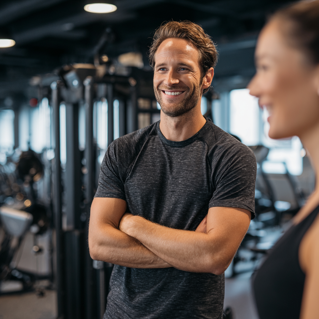 Група усмихнати възрастни хора правят кардио упражнения на бягащи пътеки в светла фитнес зала